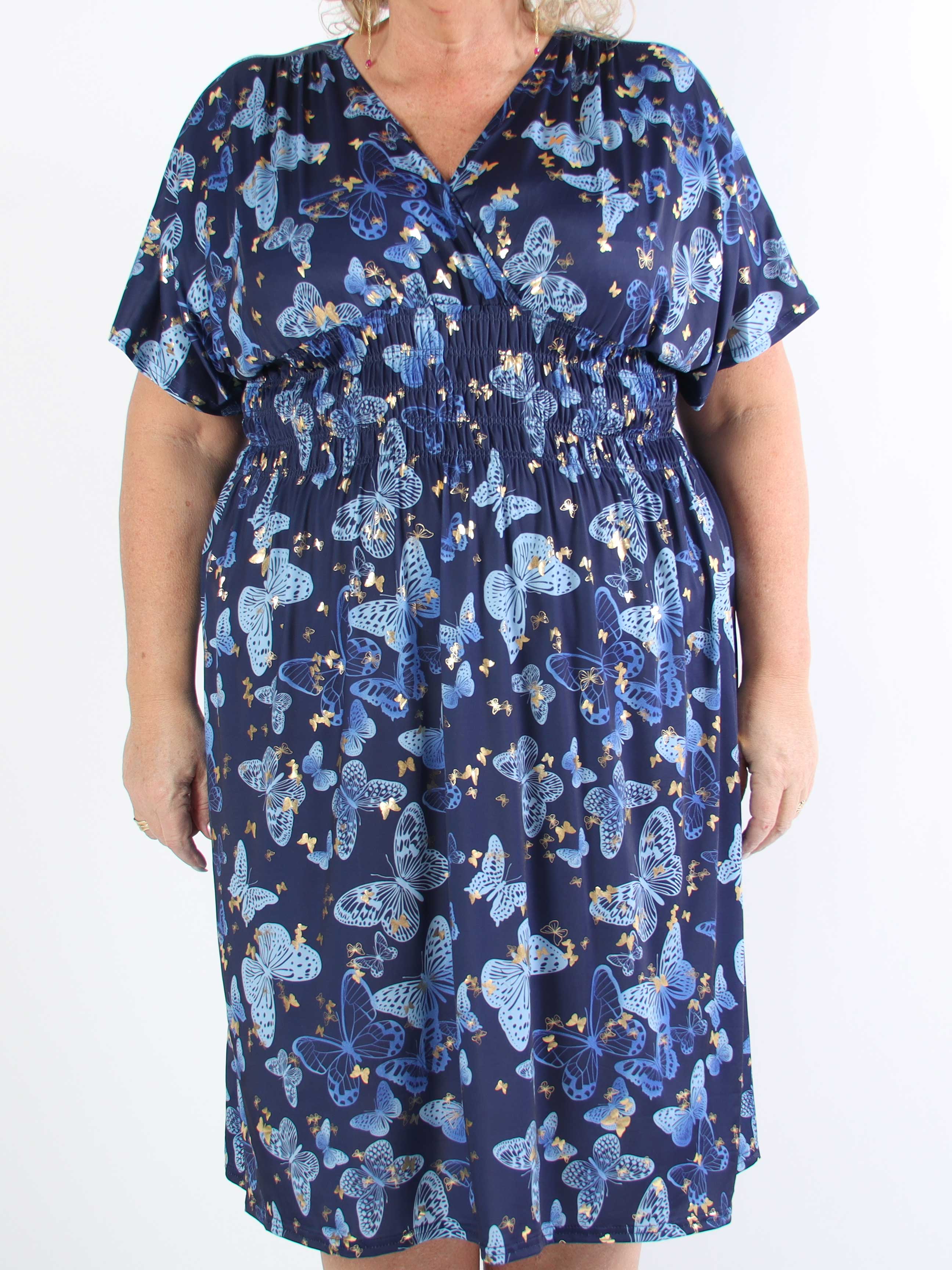 Pams Butterfly Midi S/S - Elastisk plus size kjole med sommerfugleprint